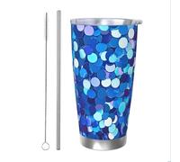 Mexpekil Vaso aislado de 20 onzas con popote y tapa, taza de café helado de acero inoxidable, círculo con purpurina azul, a prueba de fugas, botella de agua térmica, regalo para mujeres y hombres