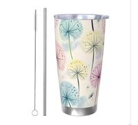 Mexpekil Vaso aislado de 20 onzas con popote y tapa, taza de café helado de acero inoxidable, colorido arte de diente de león, taza de viaje a prueba de fugas, botella de agua térmica, regalo para