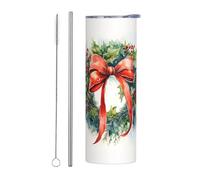 Mexpekil Vaso aislado de 20 onzas con popote y tapa, taza de café helado de acero inoxidable, corona de Feliz Navidad, taza de viaje a prueba de fugas, botella de agua térmica, regalo para mujeres y