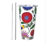 Mexpekil Vaso aislado de 20 onzas con popote y tapa, taza de café helado de acero inoxidable, diseño bohemio, flores y ramas, a prueba de fugas, botella de agua térmica, regalo para mujeres y hombres