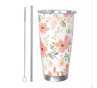 Mexpekil Vaso aislado de 20 onzas con popote y tapa, taza de café helado de acero inoxidable, diseño bohemio, flores rosas, hojas, taza de viaje, botella de agua térmica, regalo para mujeres y hombres