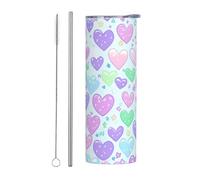 Mexpekil Vaso aislado de 20 onzas con popote y tapa, taza de café helado de acero inoxidable, diseño de arco iris, corazón, a prueba de fugas, botella de agua térmica, regalo para mujeres y hombres