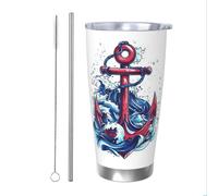 Mexpekil Vaso aislado de 20 onzas con popote y tapa, taza de café helado de acero inoxidable, diseño de ancla, olas del mar, a prueba de fugas, botella de agua térmica, regalo para mujeres y hombres