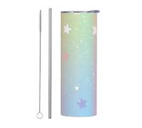 Mexpekil Vaso aislado de 20 onzas con popote y tapa, taza de café helado de acero inoxidable, diseño de estrellas arcoíris, purpurina, a prueba de fugas, botella de agua térmica, regalo para mujeres y