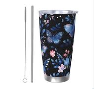 Mexpekil Vaso aislado de 20 onzas con popote y tapa, taza de café helado de acero inoxidable, diseño de mariposas, flores, bohemio, a prueba de fugas, botella de agua térmica, regalo para mujeres y