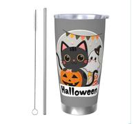 Mexpekil Vaso aislado de 20 onzas con popote y tapa, taza de café helado de acero inoxidable, diseño de gato, calabaza, Halloween, a prueba de fugas, botella de agua térmica, regalo para mujeres y