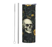 Mexpekil Vaso aislado de 20 onzas con popote y tapa, taza de café helado de acero inoxidable, diseño de calavera, flores amarillas, a prueba de fugas, botella de agua térmica, regalo para mujeres y