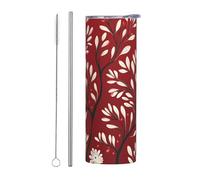 Mexpekil Vaso aislado de 20 onzas con popote y tapa, taza de café helado de acero inoxidable, diseño de ramas de hojas rojas, a prueba de fugas, botella de agua térmica, regalo para mujeres y hombres