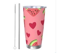 Mexpekil Vaso aislado de 20 onzas con popote y tapa, taza de café helado de acero inoxidable, diseño de sandía, corazón, a prueba de fugas, botella de agua térmica, regalo para mujeres y hombres