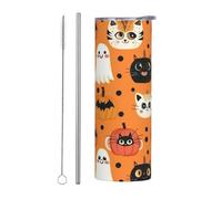 Mexpekil Vaso aislado de 20 onzas con popote y tapa, taza de café helado de acero inoxidable, diseño de gato, calabaza, fantasma, taza de viaje, botella de agua térmica, regalo para mujeres y hombres