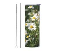 Mexpekil Vaso aislado de 20 onzas con popote y tapa, taza de café helado de acero inoxidable, diseño de margaritas, flores, a prueba de fugas, botella de agua térmica, regalo para mujeres y hombres