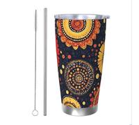 Mexpekil Vaso aislado de 20 onzas con popote y tapa, taza de café helado de acero inoxidable, diseño de flores bohemias, círculo, a prueba de fugas, botella de agua térmica, regalo para mujeres y