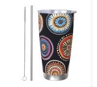 Mexpekil Vaso aislado de 20 onzas con popote y tapa, taza de café helado de acero inoxidable, diseño de círculo bohemio, taza de viaje a prueba de fugas, botella de agua térmica, regalo para mujeres y