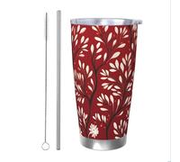 Mexpekil Vaso aislado de 20 onzas con popote y tapa, taza de café helado de acero inoxidable, diseño de ramas de hojas rojas, a prueba de fugas, botella de agua térmica, regalo para mujeres y hombres