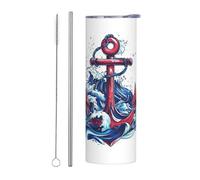 Mexpekil Vaso aislado de 20 onzas con popote y tapa, taza de café helado de acero inoxidable, diseño de ancla, olas del mar, a prueba de fugas, botella de agua térmica, regalo para mujeres y hombres