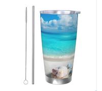 Mexpekil Vaso aislado de 20 onzas con popote y tapa, taza de café helado de acero inoxidable, diseño de concha de mar, playa, estrella de mar, a prueba de fugas, botella de agua térmica, regalo para
