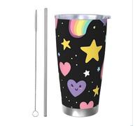 Mexpekil Vaso aislado de 20 onzas con popote y tapa, taza de café helado de acero inoxidable, diseño de corazones y estrellas, a prueba de fugas, botella de agua térmica, regalo para mujeres y hombres