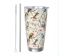 Mexpekil Vaso aislado de 20 onzas con popote y tapa, taza de café helado de acero inoxidable, diseño de pájaros, ramas de árbol, a prueba de fugas, botella de agua térmica, regalo para mujeres y