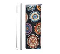 Mexpekil Vaso aislado de 20 onzas con popote y tapa, taza de café helado de acero inoxidable, diseño de círculo bohemio, taza de viaje a prueba de fugas, botella de agua térmica, regalo para mujeres y