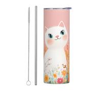 Mexpekil Vaso aislado de 20 onzas con popote y tapa, taza de café helado de acero inoxidable, diseño de flores de jardín, lindo gato, taza de viaje, botella de agua térmica, regalo para mujeres y