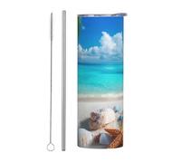 Mexpekil Vaso aislado de 20 onzas con popote y tapa, taza de café helado de acero inoxidable, diseño de concha de mar, playa, estrella de mar, a prueba de fugas, botella de agua térmica, regalo para