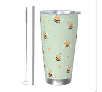 Mexpekil Vaso aislado de 20 onzas con popote y tapa, taza de café helado de acero inoxidable, diseño de corazones de abejas, a prueba de fugas, botella de agua térmica, regalo para mujeres y hombres