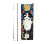 Mexpekil Vaso aislado de 20 onzas con popote y tapa, taza de café helado de acero inoxidable, diseño de flores artísticas, galaxia, gato, taza de viaje, botella de agua térmica, regalo para mujeres y