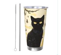 Mexpekil Vaso aislado de 20 onzas con popote y tapa, taza de café helado de acero inoxidable, diseño de gato negro, Halloween, a prueba de fugas, botella de agua térmica, regalo para mujeres y hombres