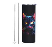 Mexpekil Vaso aislado de 20 onzas con popote y tapa, taza de café helado de acero inoxidable, diseño de gato de neón, a prueba de fugas, botella de agua térmica, regalo para mujeres y hombres