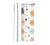 Mexpekil Vaso aislado de 20 onzas con popote y tapa, taza de café helado de acero inoxidable, diseño de corazón de gato, a prueba de fugas, taza de viaje, botella de agua térmica, regalo para mujeres