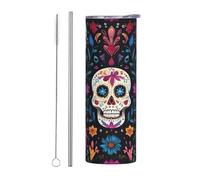 Mexpekil Vaso aislado de 20 onzas con popote y tapa, taza de café helado de acero inoxidable, diseño floral de calaveras, a prueba de fugas, botella de agua térmica, regalo para mujeres y hombres
