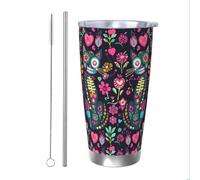 Mexpekil Vaso aislado de 20 onzas con popote y tapa, taza de café helado de acero inoxidable, diseño floral, bohemio, calavera, gato, taza de viaje, botella de agua térmica, regalo para mujeres y