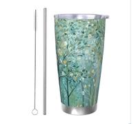 Mexpekil Vaso aislado de 20 onzas con popote y tapa, taza de café helado de acero inoxidable, escena del bosque, flores, pájaros, taza de viaje, botella de agua térmica, regalo para mujeres y hombres