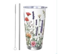 Mexpekil Vaso aislado de 20 onzas con popote y tapa, taza de café helado de acero inoxidable, flores silvestres, plantas, bohemio, a prueba de fugas, botella de agua térmica, regalo para mujeres y
