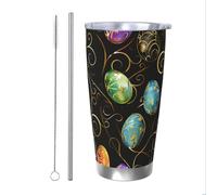Mexpekil Vaso aislado de 20 onzas con popote y tapa, taza de café helado de acero inoxidable, huevos de Pascua, vides doradas, taza de viaje a prueba de fugas, botella de agua térmica, regalo para