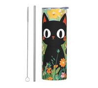 Mexpekil Vaso aislado de 20 onzas con popote y tapa, taza de café helado de acero inoxidable, lindo gato negro, campo de flores, taza de viaje, botella de agua térmica, regalo para mujeres y hombres
