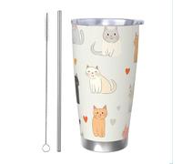 Mexpekil Vaso aislado de 20 onzas con popote y tapa, taza de café helado de acero inoxidable, lindo gato de dibujos animados, taza de viaje a prueba de fugas, botella de agua térmica, regalo para