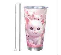 Mexpekil Vaso aislado de 20 onzas con popote y tapa, taza de café helado de acero inoxidable, lindo gato blanco, taza de viaje a prueba de fugas, botella de agua térmica, regalo para mujeres y hombres