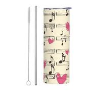 Mexpekil Vaso aislado de 20 onzas con popote y tapa, taza de café helado de acero inoxidable, nota musical, corazón a prueba de fugas, taza de viaje, botella de agua térmica, regalo para mujeres y