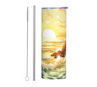 Mexpekil Vaso aislado de 20 onzas con popote y tapa, taza de café helado de acero inoxidable, olas del atardecer, taza de viaje a prueba de fugas, botella de agua térmica, regalo para mujeres y