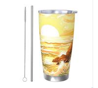Mexpekil Vaso aislado de 20 onzas con popote y tapa, taza de café helado de acero inoxidable, olas del atardecer, taza de viaje a prueba de fugas, botella de agua térmica, regalo para mujeres y