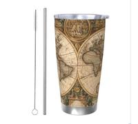 Mexpekil Vaso aislado de 20 onzas con popote y tapa, taza de café helado de acero inoxidable, taza de viaje con mapa dorado del mundo, a prueba de fugas, botella de agua térmica, regalo para mujeres y