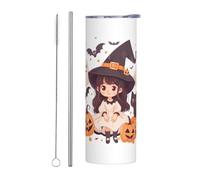 Mexpekil Vaso aislado de 20 onzas con popote y tapa, taza de café helado de acero inoxidable, taza de café helado, niña, gato, calabaza, taza de viaje, botella de agua térmica, regalo para mujeres y