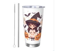 Mexpekil Vaso aislado de 20 onzas con popote y tapa, taza de café helado de acero inoxidable, taza de café helado, niña, gato, calabaza, taza de viaje, botella de agua térmica, regalo para mujeres y