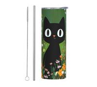 Mexpekil Vaso aislado de 20 onzas con popote y tapa, taza de café helado de acero inoxidable, taza de café helado, gato negro, campo de flores, taza de viaje, botella de agua térmica, regalo para
