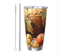 Mexpekil Vaso aislado de 20 onzas con popote y tapa, taza de café helado de acero inoxidable, uva, manzana, fruta, taza de viaje, botella de agua térmica, regalo para mujeres y hombres