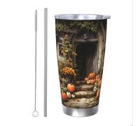 Mexpekil Vaso aislado de 590 ml con popote y tapa, taza de café helado de acero inoxidable, diseño de calabaza, granja, a prueba de fugas, botella de agua térmica, regalo para mujeres y hombres