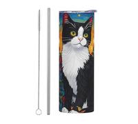 Mexpekil Vaso aislado de 590 ml con popote y tapa, taza de café helado de acero inoxidable, taza de viaje con diseño de gato, rosa, estrella, a prueba de fugas, botella de agua térmica, regalo para