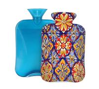 Mexpekil Vibrant Ethnic Mexican Ceramic Hot Water Bottle with Cover, 2L PVC Hot Water Bag for Pain Relief, Feet, Back, Warmth