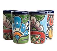 MEXTEQUIL Talavera - Juego de 4 vasos de chupito auténticos con tequila mexicano, pintados a mano, 60 ml, color azul y verde